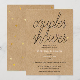 Chic Script Kraft Guld Hjärtan Par Baby Shower Inbjudningar