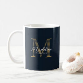 Chic Script Metallisk Navyblå Guld Monogram Kaffemugg