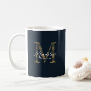 Chic Script Metallisk Navyblå Guld Monogram Kaffemugg