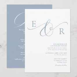 Chic Script Monogram Allt-i-ett Dusty Blue Bröllop Inbjudningar