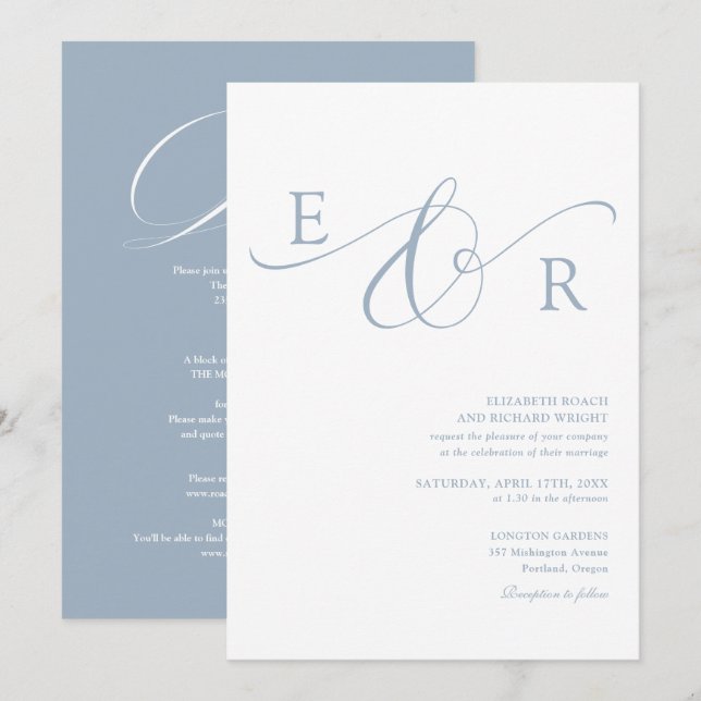 Chic Script Monogram Allt-i-ett Dusty Blue Bröllop Inbjudningar (Fram/baksida)
