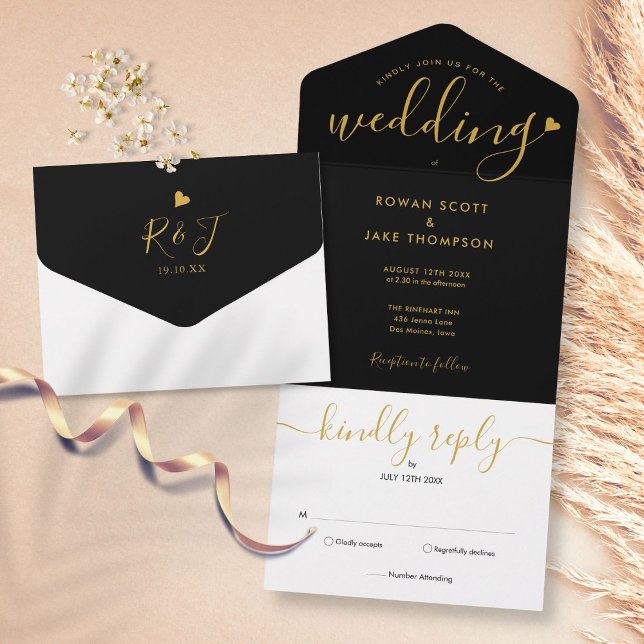 Chic Script Monogram Svart Och Guld Hjärtat Bröllo (Skapare uppladdad)