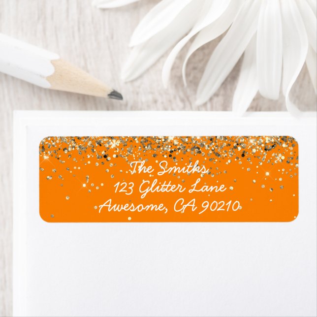 Chic Script Orange Glitter Bröllop Returadress Etikett (Insitu)