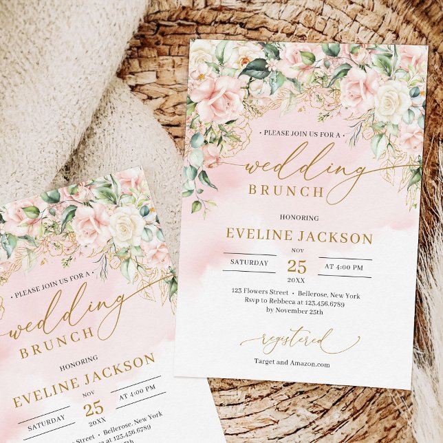 Chic script pastel rosa ros sage bröllop brunch inbjudningar (Chic watercolor blush flowers eucalyptus gold wedding brunch invitation template)