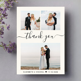 Chic Script Photo Collage Cream Bröllop Tack Kort