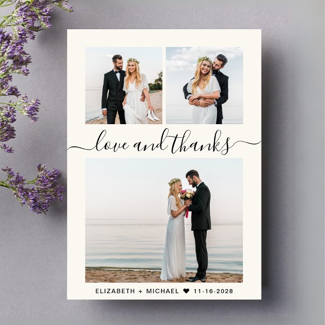 Chic Script Photo Collage Cream Bröllop Tack Kort (Celebrate your love story with a save the date showcasing 3 of your favorite wedding day photos)