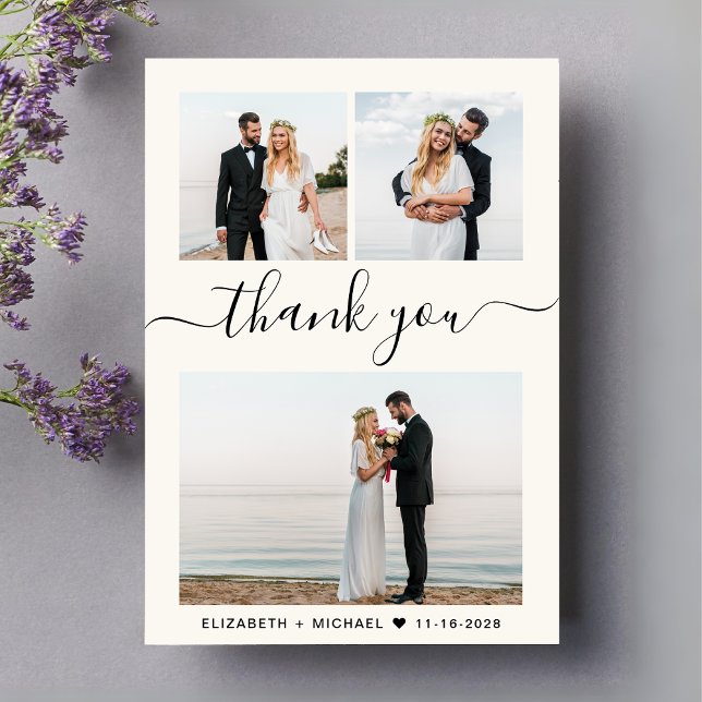 Chic Script Photo Collage Cream Bröllop Tack Kort (Celebrate your love story with a thank you card showcasing 3 of your wedding day photos)