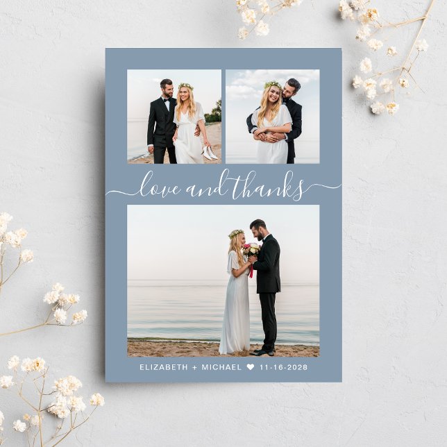 Chic Script Photo Collage Dusty Blue Bröllop Tack Kort (Celebrate your love story with a thank you card showcasing your favorite wedding day photos)