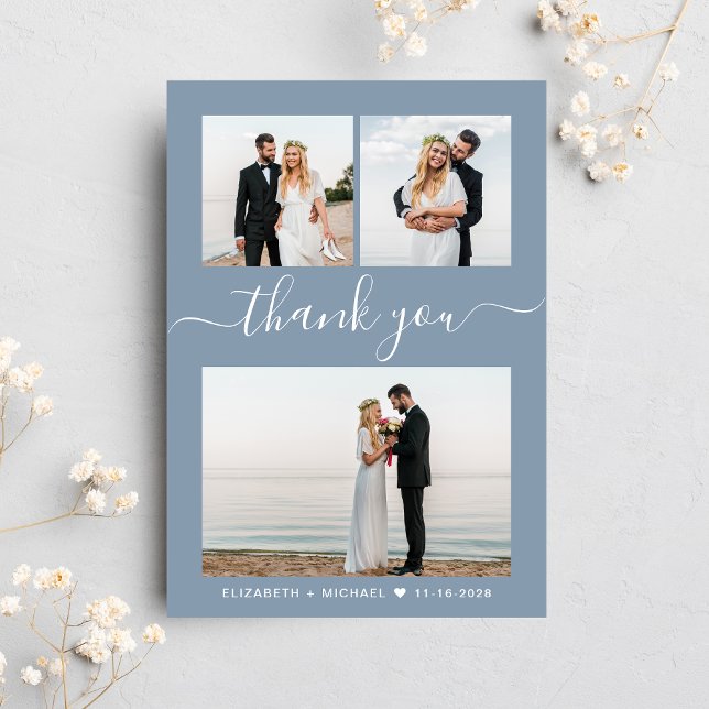 Chic Script Photo Collage Dusty Blue Bröllop Tack Kort (Celebrate your love story with a thank you card showcasing your favorite wedding day photos)