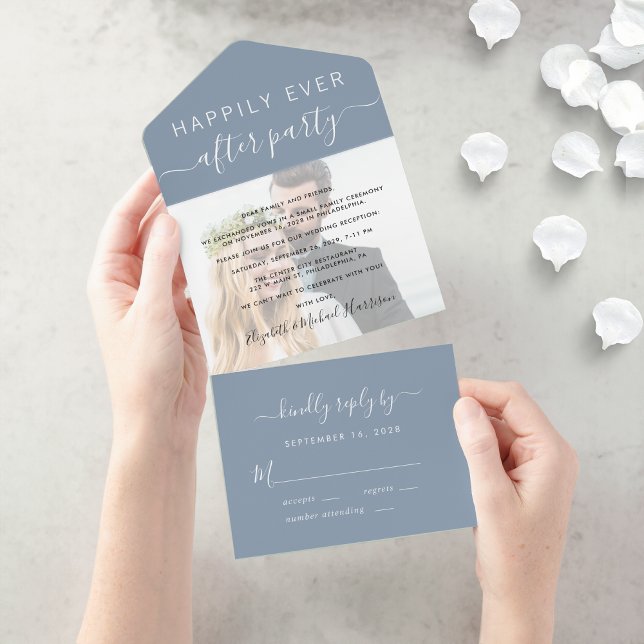 Chic Script Photo Dusty Blue Wedding Reception (An elegant Happily Ever After Party Invitation to set the tone for an unforgettable event)