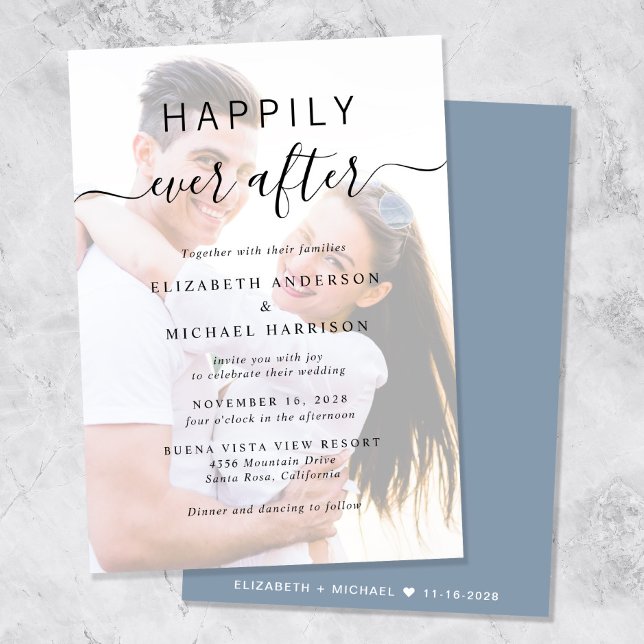Chic Script Photo Overlay Dusty Blue Bröllop Inbjudningar (A chic Happily Ever After Photo Wedding Invitation)
