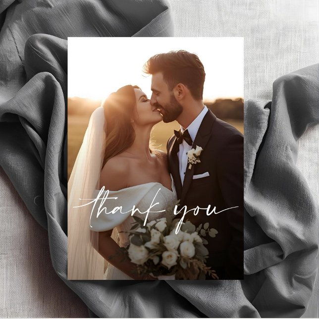 Chic Script Photo Overlay Wedding  Thank You Card Tack Kort (Skapare uppladdad)