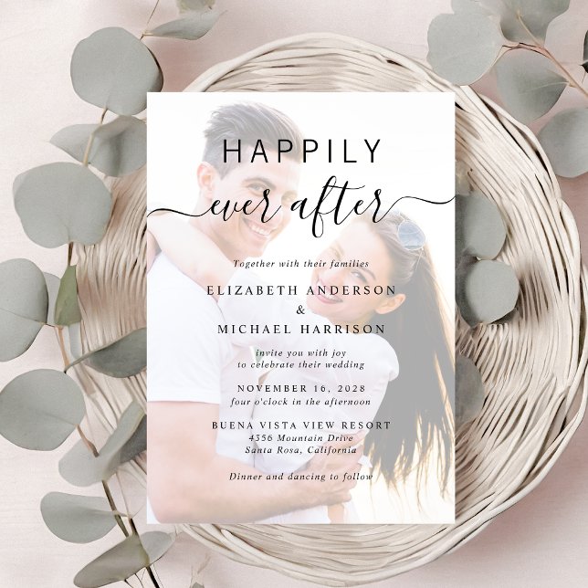 Chic Script Photo QR-kod - Dusty Blue Bröllop Inbjudningar (A chic Happily Ever After Photo Wedding Invitation)
