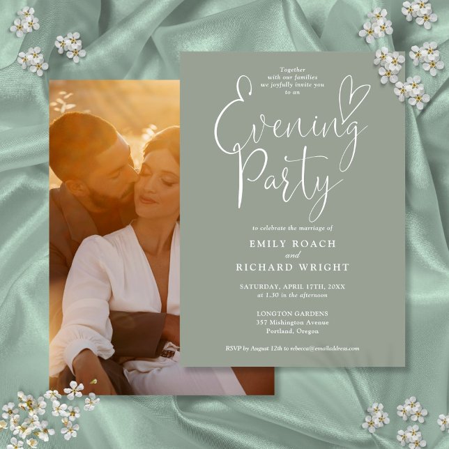 Chic Script Photo Sage Grönt Bröllop Evening Party Inbjudningar (Chic Script Photo Sage Green Wedding Evening Party Invitation)