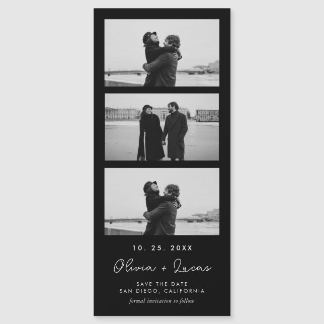 Chic Script Photo Strip Black Magnetic Bröllop (Framsida)