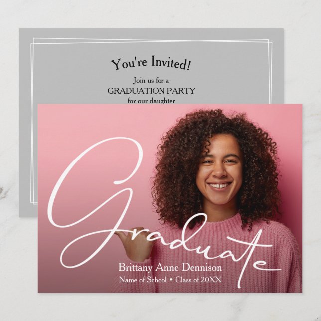 Chic Script Photo Studenten Inbjudningar (Fram/baksida)