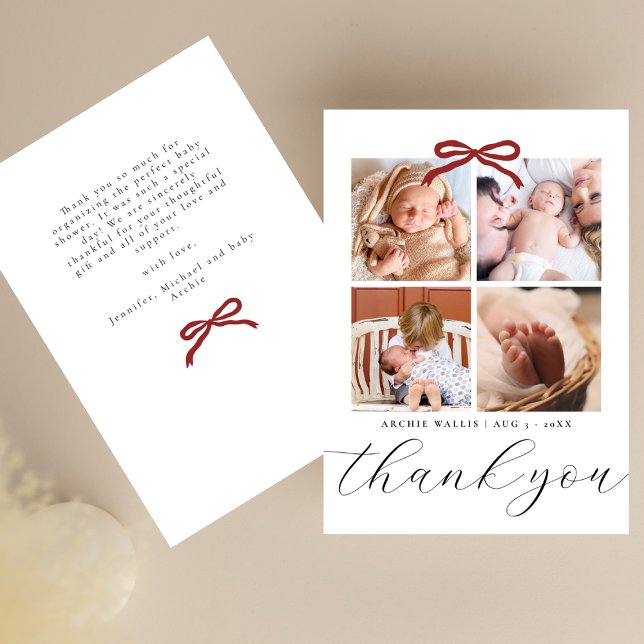 Chic Script Röd Band 4 Foto Baby Shower Tack Kort (Skapare uppladdad)