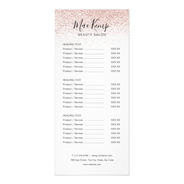 Chic Script Rose Gold Glitter Salong Service Meny (Framsidan)