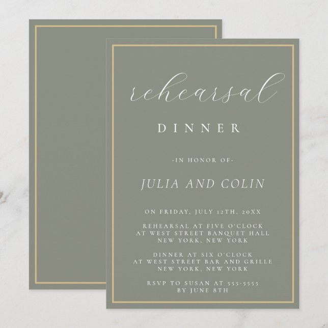 Chic Script Sage Grönt Rehearsal Dinner-inbjudan Inbjudningar (Fram/baksida)