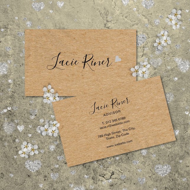 Chic Script Silver Love Heart Rustic Kraft Visitkort (Chic Script Silver Love Heart Rustic Kraft Business Card)