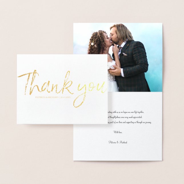 Chic Script Simple Bröllop Tack Photo Foil Folierat Kort (Display)