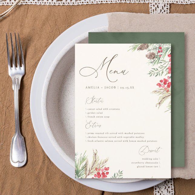 Chic Script Watercolor Winter Greenery Bröllop Meny (Skapare uppladdad)