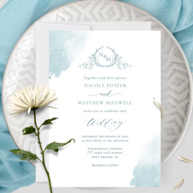 Chic Sea Glass Watercolor Stains, Monogram Bröllop Inbjudningar (Skapare uppladdad)