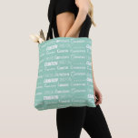 Chic Seafoam Green Personalized Name Collage Tygkasse<br><div class="desc">Chic seaside mint green name collage tote bag decorated in nine different fonts spelling a custom name in white. Cute personalized gift with trendy typography.</div>