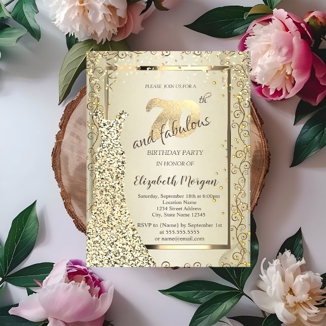 Chic Sequins Dress Guld 70:e födelsedagen Inbjudningar (Skapare uppladdad)