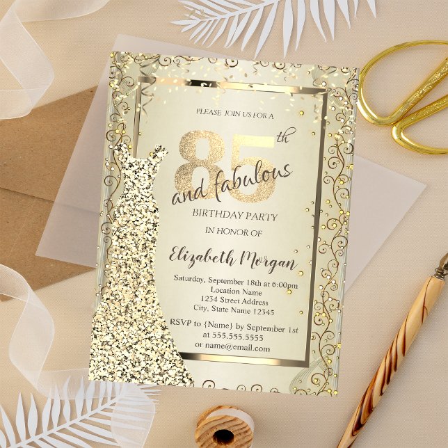 Chic Sequins Dress Guld 85:e födelsedagen Inbjudningar (Skapare uppladdad)