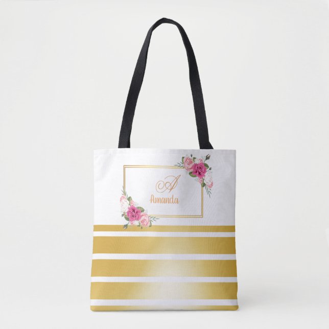 Chic Shiny Golden Foil Rand Girly Namn Monogram Tygkasse (Framsida)