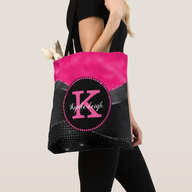 Chic Shock rosa Black Grått Vågar Glam Monogram Na Tygkasse (Närbild)