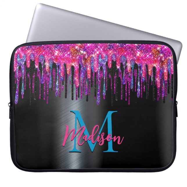 Chic shock rosa blue black glitter dropping monogr laptop fodral (Framsidan)