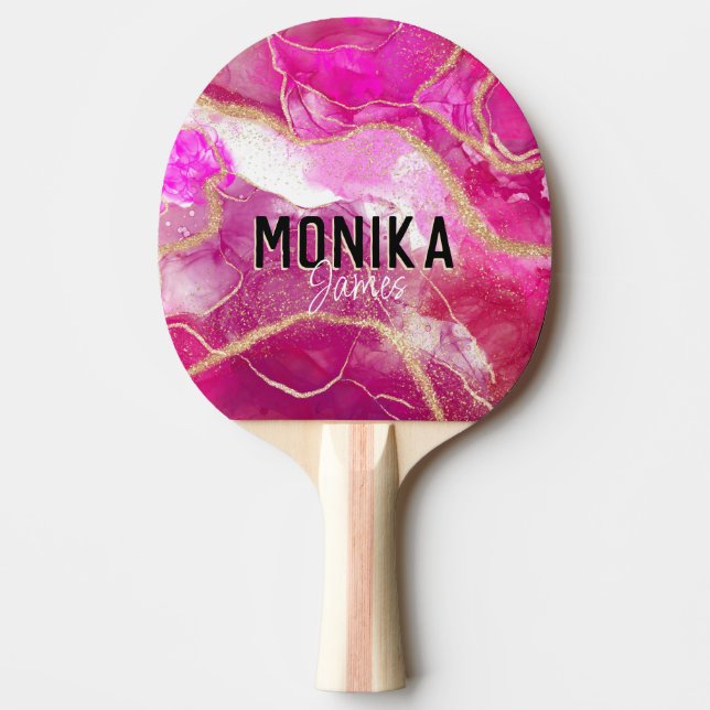 Chic Shock rosa Faux Guld Glitter Marble Monogram Pingisracket (Framsidan)