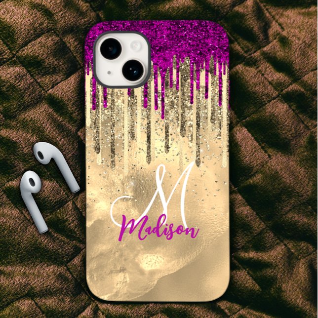Chic shock rosa lila glitter guld droppar monogram (Skapare uppladdad)