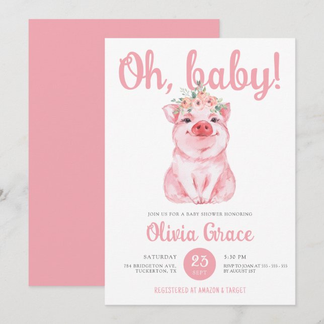 Chic Shock rosa Little Pig Flicka Baby Shower Inbjudningar (Fram/baksida)