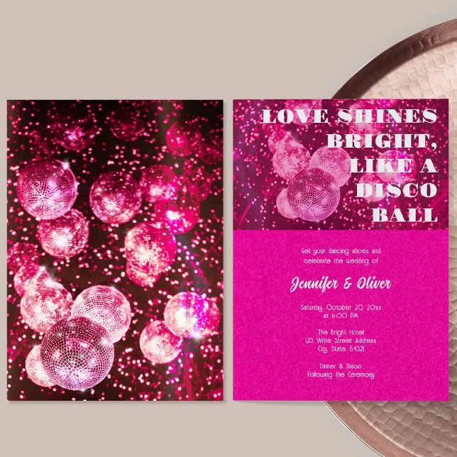 Chic Shock rosa Retro Disco Boll Bröllop Inbjudningar (Front and Back)