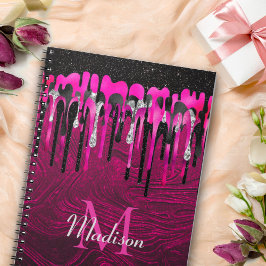 Chic shock rosa svart glitter droppar monogram anteckningsbok