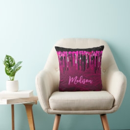 Chic shock rosa svart glitter droppar monogram kudde