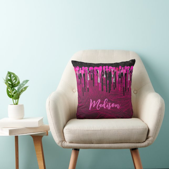 Chic shock rosa svart glitter droppar monogram kudde (Stol)