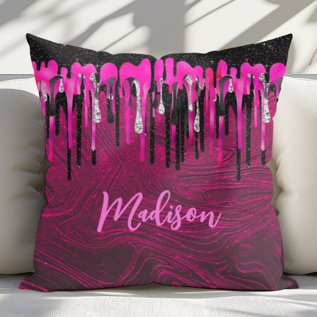 Chic shock rosa svart glitter droppar monogram kudde (Skapare uppladdad)