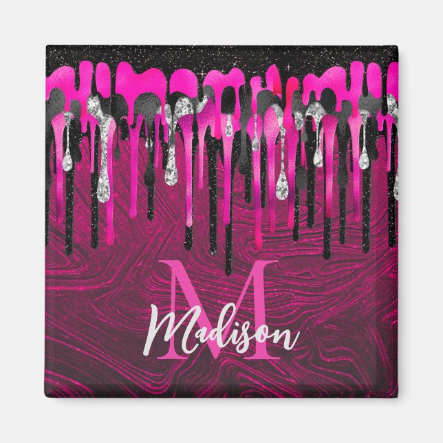 Chic shock rosa svart glitter droppar monogram magnet (Framsidan)