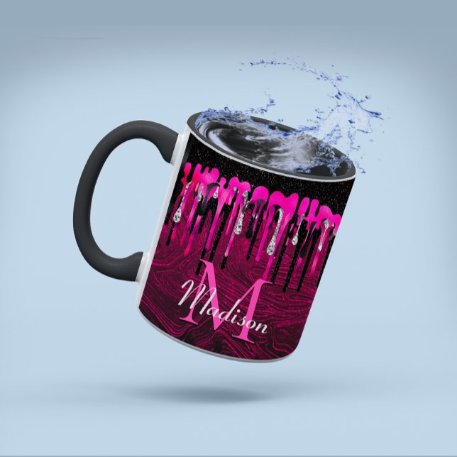 Chic shock rosa svart glitter droppar monogram mugg (Skapare uppladdad)