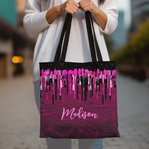 Chic shock rosa svart glitter droppar monogram tygkasse