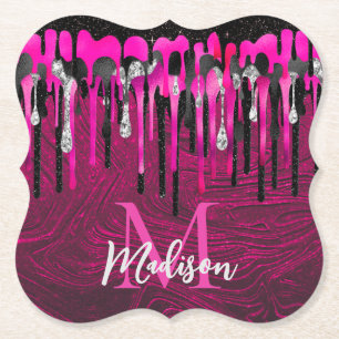 Chic shock rosa svart glitter droppar monogram underlägg papper