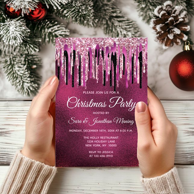 Chic shock rosa svartborrning glitter jul inbjudningar (Skapare uppladdad)