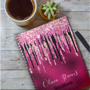 Chic shock rosa svartborrning glitter monogram anteckningsbok