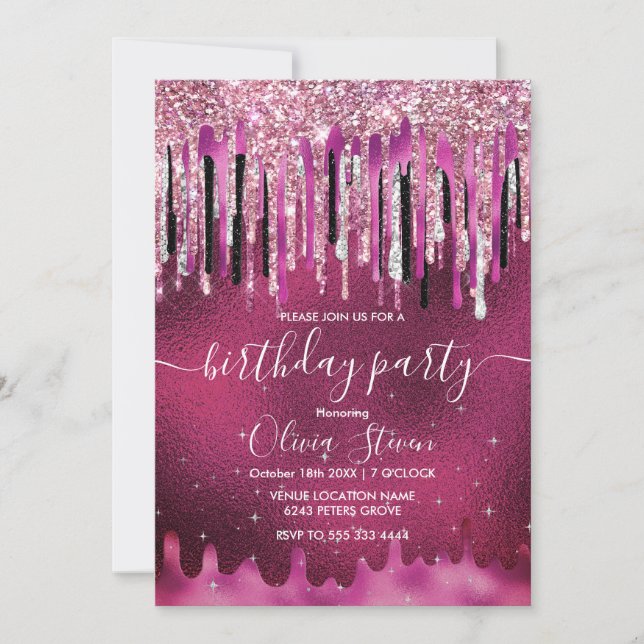 Chic shock rosa svartborrning glitter monogram inbjudningar (Framsida)