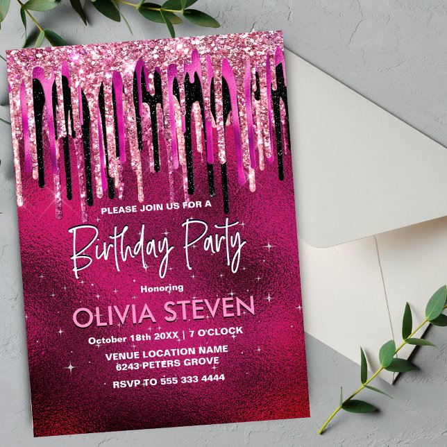 Chic shock rosa svartborrning glitter monogram inbjudningar (Skapare uppladdad)