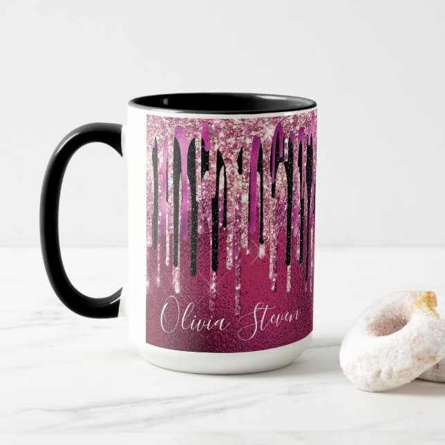 Chic shock rosa svartborrning glitter monogram mugg (Med munk)